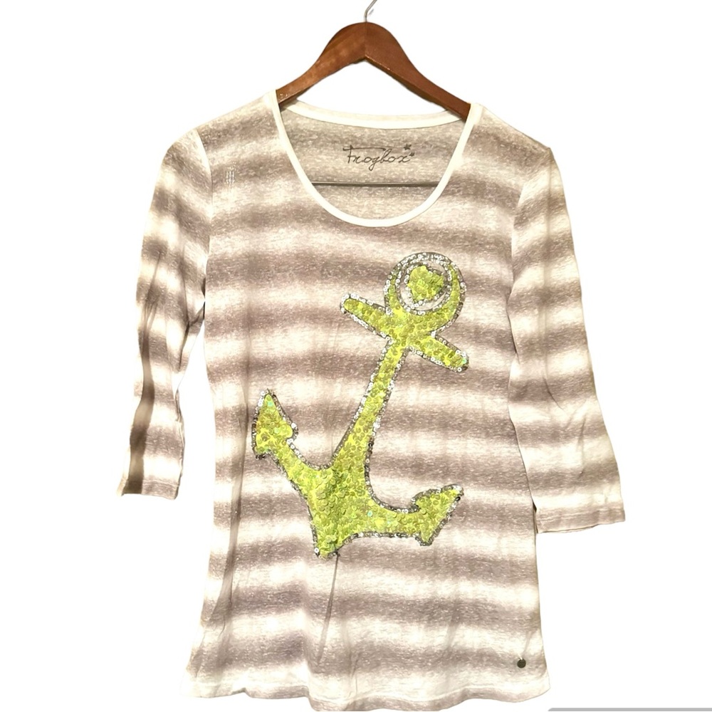 FrogBox Linen Blend Shadow Stripe Sequin Anchor Top Beige Green Size 40 Large
